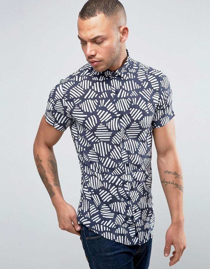 Armani Jeans Short Sleeve Print Shirt Slim Fit In Blue - Blue