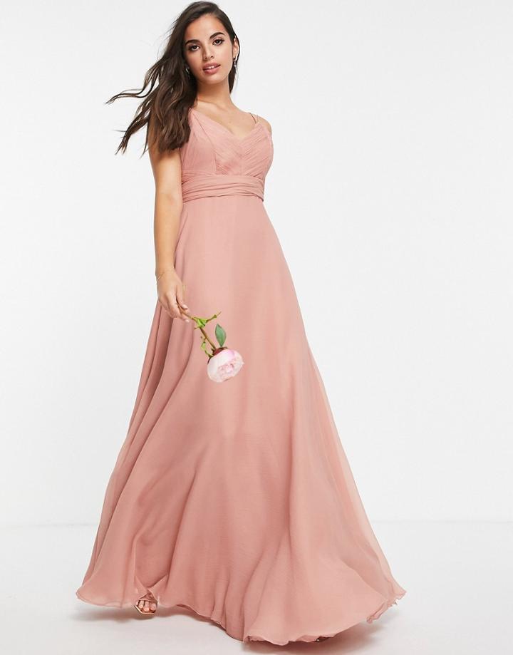 Asos Design Bridesmaid Cami Maxi Dress With Ruched Bodice And Tie Waist In Dark Rose-pink