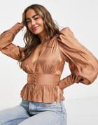 Asos Design Long Sleeve Top With Button Front And Peplum Hem In Blush Metallic-pink