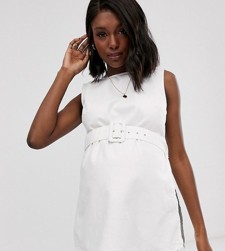 Asos Design Maternity Denim Longline Tank Top With Belt In White