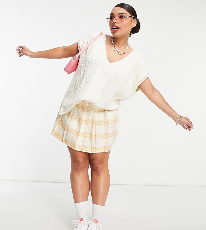 Asos Design Curve Pleated Tennis Mini Skirt In Yellow & Lilac Check Print-multi