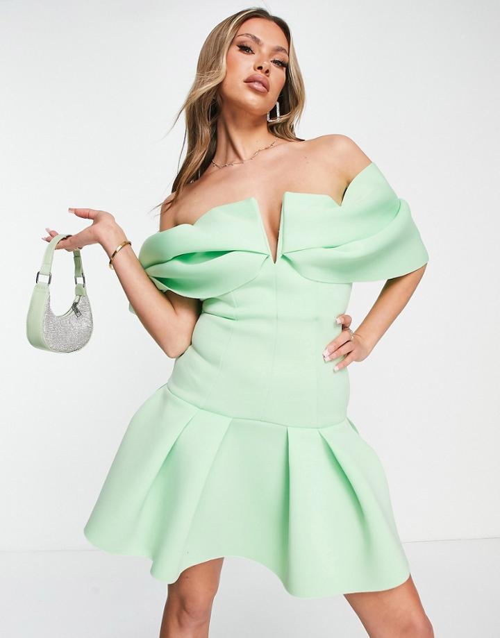 Asos Design Bardot Drape Mini Dress With Pep Hem In Green Ash