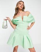 Asos Design Bardot Drape Mini Dress With Pep Hem In Green Ash