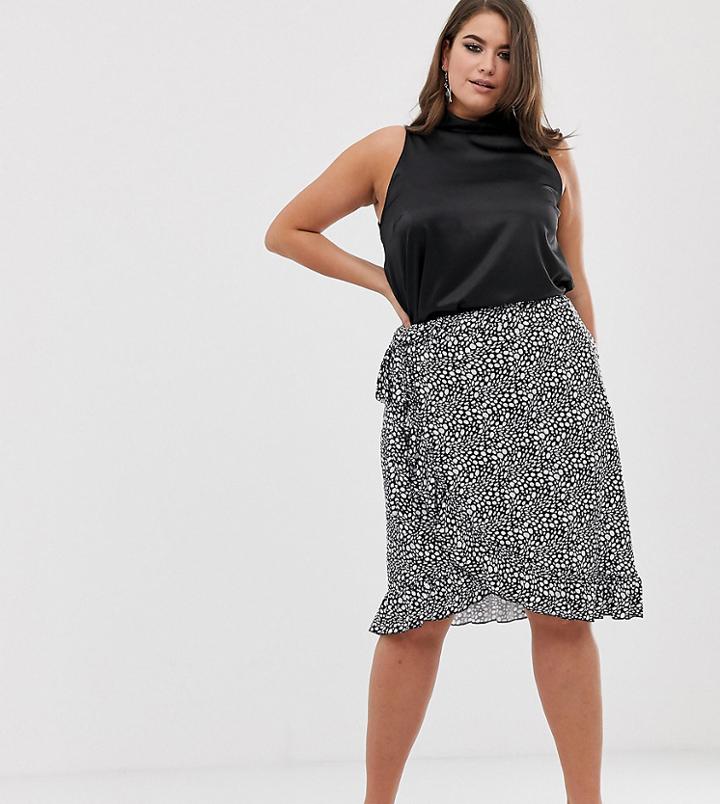 Prettylittlething Plus Wrap Midi Skirt With Frill Hem In Mono Spot - Multi