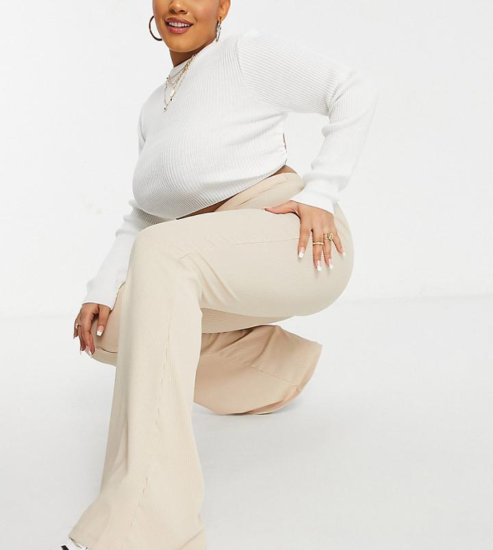Missguided Plus Ribbed Flare Pants In Stone-neutral