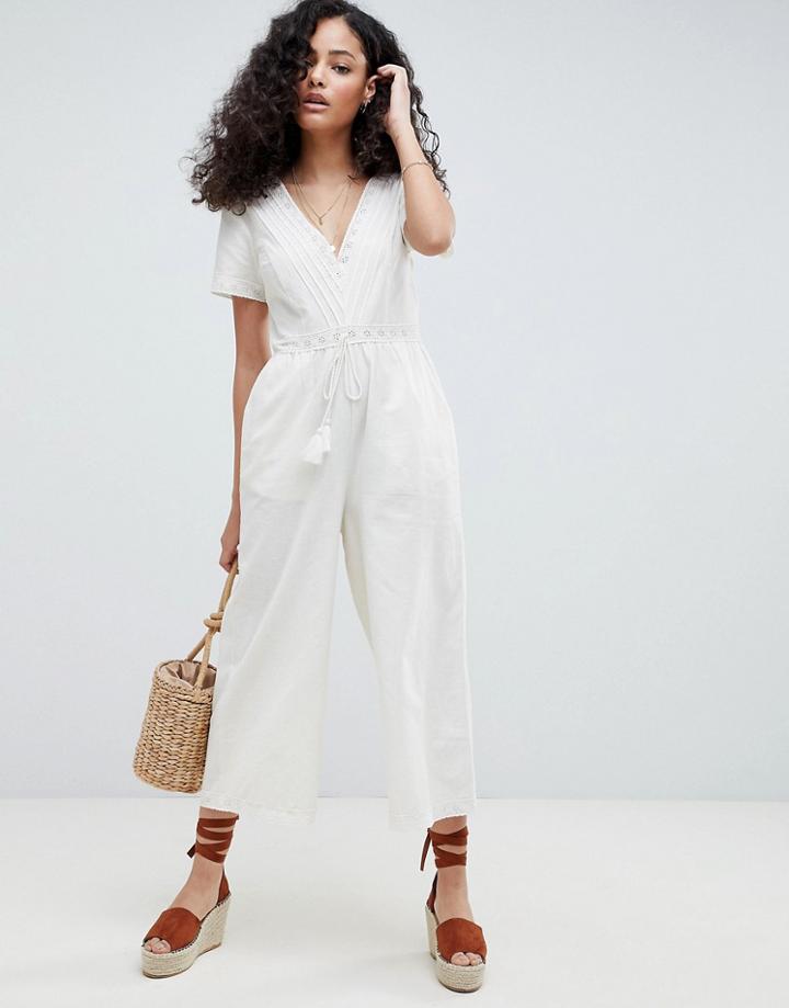 Asos Design Cotton Embroidered Jumpsuit With Tassel Trim-cream
