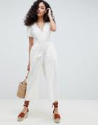 Asos Design Cotton Embroidered Jumpsuit With Tassel Trim-cream
