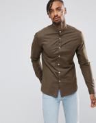 Asos Casual Skinny Oxford In Khaki With Grandad Collar - Green