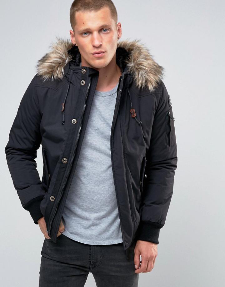 Schott Vermont 4 Hooded Bomber Detatchable Faux Fur Trim - Black