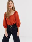 Asos Design 3/4 Sleeve Square Neck Top With Button Detail In Linen-orange