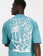 Asos Design Oversized T-shirt In Turqouise Blue With Floral Back Print