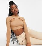 Missyempire Exclusive Ribbed High Neck Cut Out Crop Top In Camel-brown