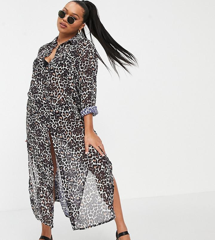 Simply Be Maxi Beach Shirt In Leopard Print-multi