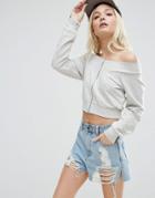 Asos Cropped Zip Through Sweatshirt With Off Shoulder - Gray