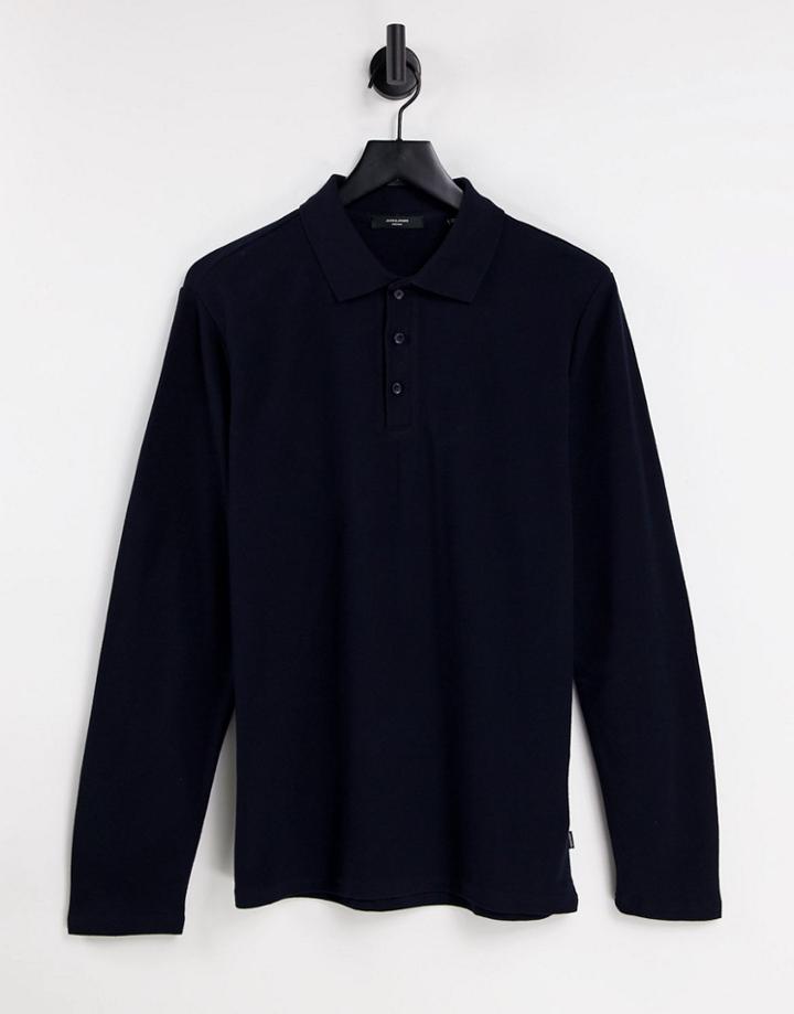 Jack & Jones Premium Long Sleeve Polo With Texture In Navy