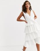 Pretty Lavish Deep Plung Tiered Midi Dress In White Crepe - White