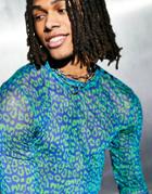 Asos Design Muscle Long Sleeve T-shirt In Blue Animal Print Recycled Mesh