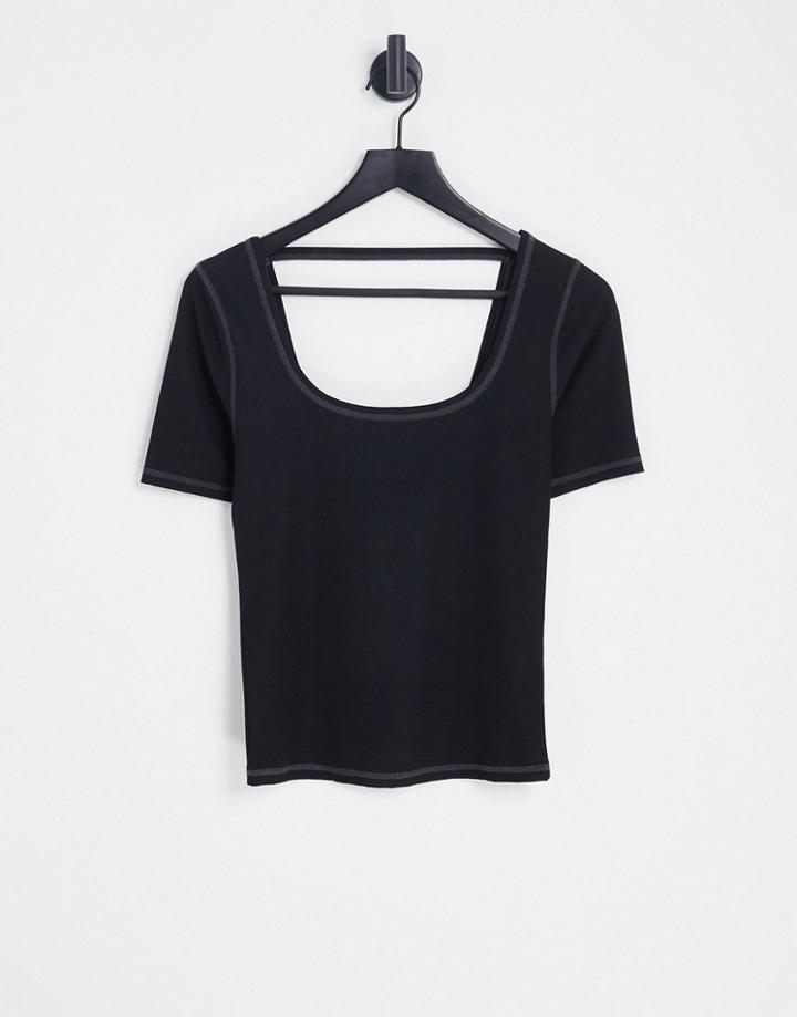 Topshop Premium Basic Contrast Scoop Neck Tee In Black