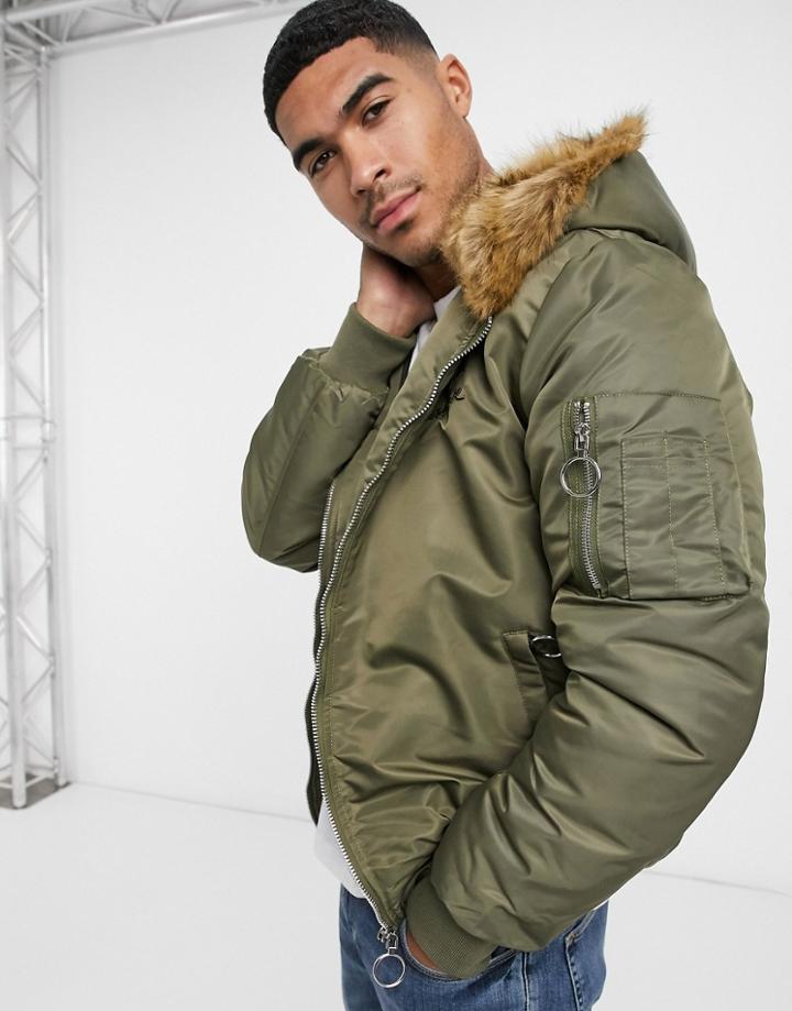 The Couture Club Dakota Faux Fur Lined Bomber Jacket In Khaki-green