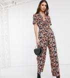 Asos Design Tall Twist Front Jumpsuit In Floral Print-multi