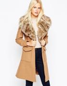 Asos Coat In A Line Fit With Faux Fur Collar And Belt - Camel