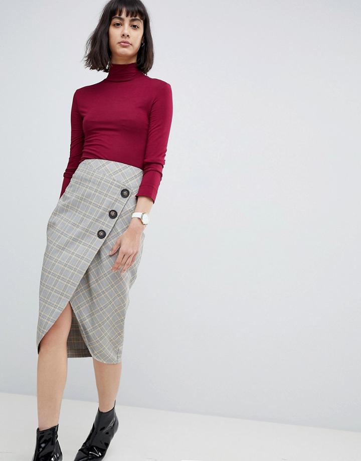 Asos Design Tailored Midi Skirt In Check With Button Wrap Detail - Multi