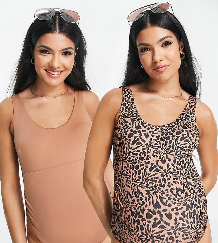 Asos Design Maternity 2 Pack Scoop Neck Swimsuit In Animal Print And Brown-multi