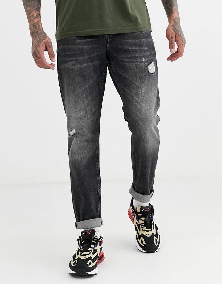 Asos Design Vintage Slim Jeans In Washed Black With Abrasions