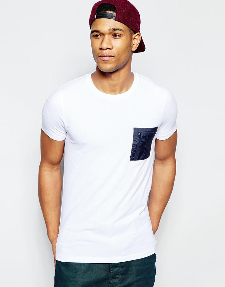Asos Muscle T-shirt With Contrast Military Pocket With Zip - White