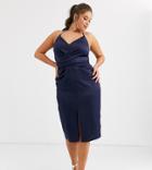 Asos Design Curve Cami Midi Dress With Wrap Waist In Satin-navy