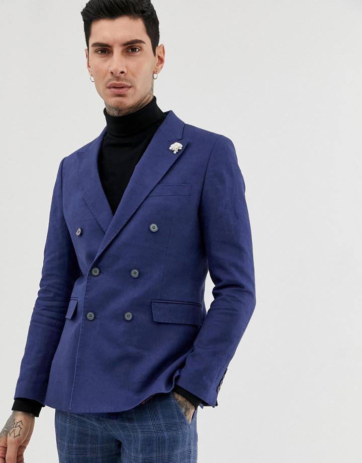 Gianni Feraud Double Breasted Slim Fit Linen Blend Jacket - Navy