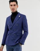 Gianni Feraud Double Breasted Slim Fit Linen Blend Jacket - Navy