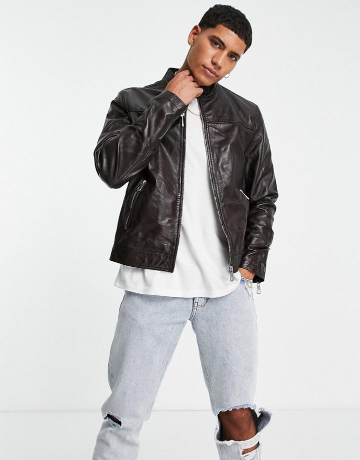 Asos Design Real Leather Racer Jacket In Brown