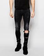 Asos Extreme Super Skinny Jeans With Open Knee Rips - Washed Black