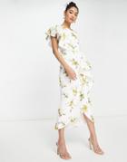 True Violet One Shoulder Midi Dress In Ochre Floral-white
