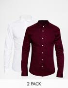Asos Skinny Shirt In Long Sleeve 2 Pack - White Burgundy