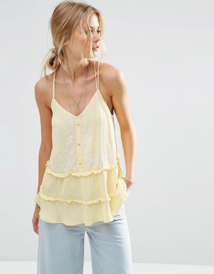 Asos Tiered Sun Top With Embroidery Detail - Yellow