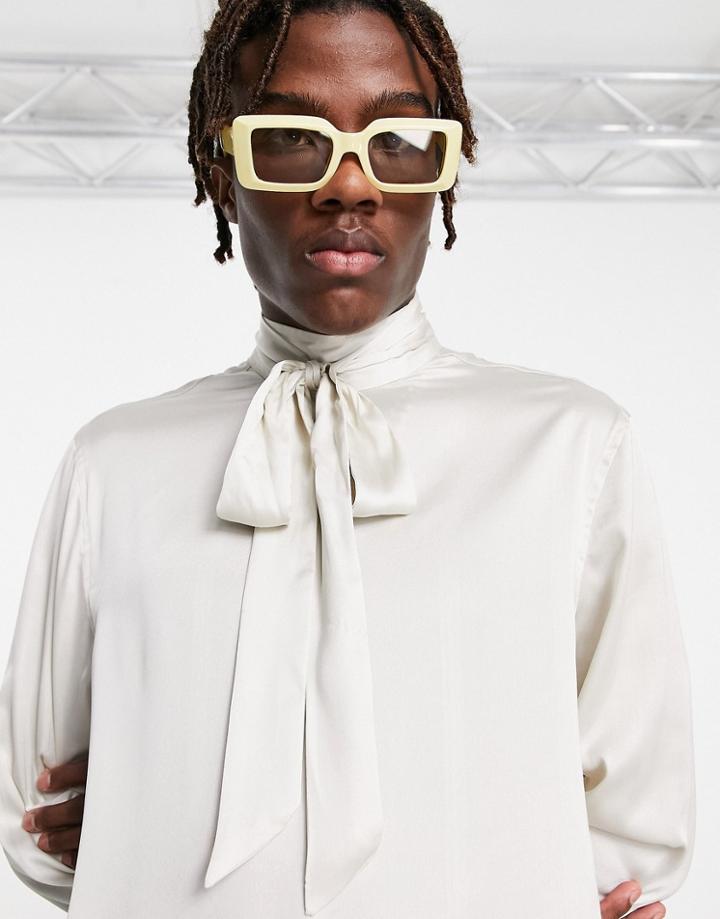 Asos Design Regular Fit Satin Shirt With Pussybow Neck Tie In Champagne-neutral