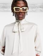 Asos Design Regular Fit Satin Shirt With Pussybow Neck Tie In Champagne-neutral