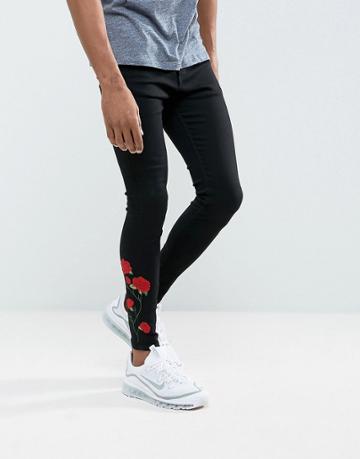 Rose London Super Skinny Jeans With Rose Embroidery - Black