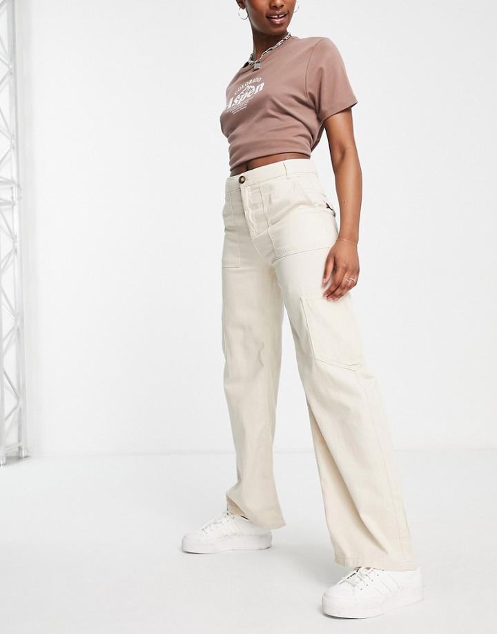 Pull & Bear High Waist Straight Leg Cargo Pants In Ecru-neutral