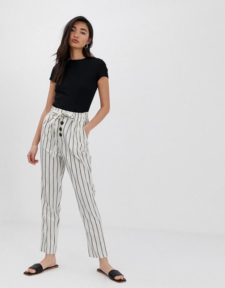 Stradivarius Button Front Striped Linen Pants In White - White