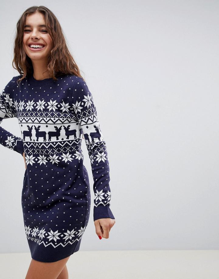 Brave Soul Sweater Dress In Reindeer Fair Isle - Navy