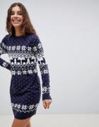 Brave Soul Sweater Dress In Reindeer Fair Isle - Navy