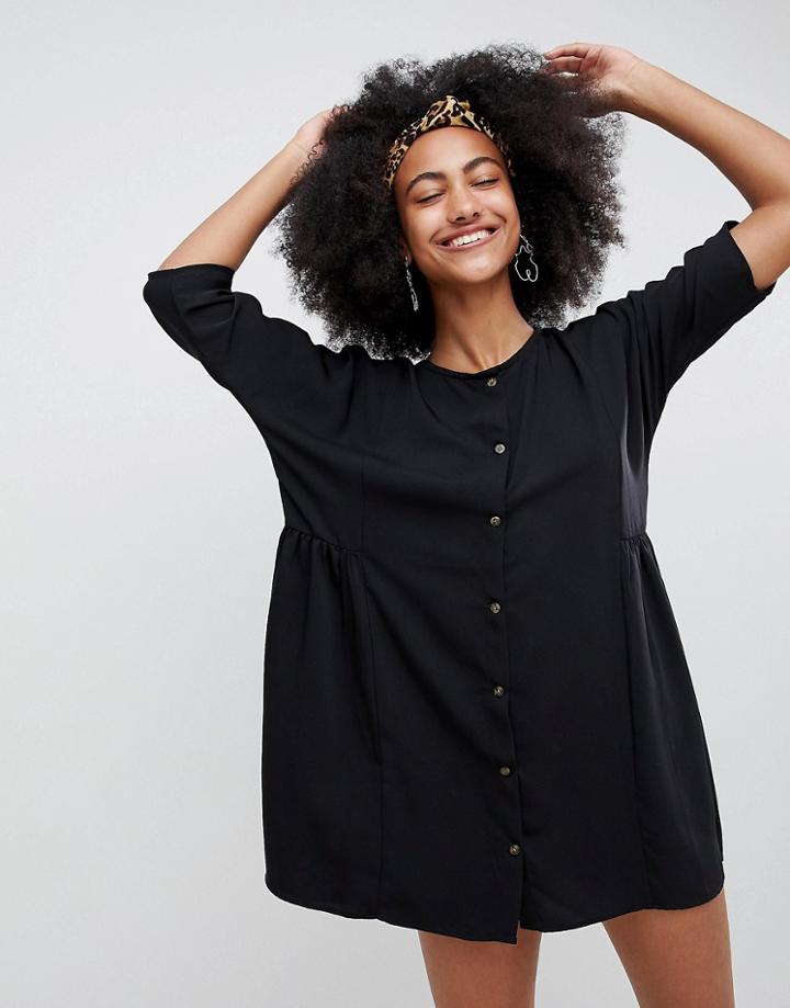 Monki Button Front Mini Smock Dress - Black