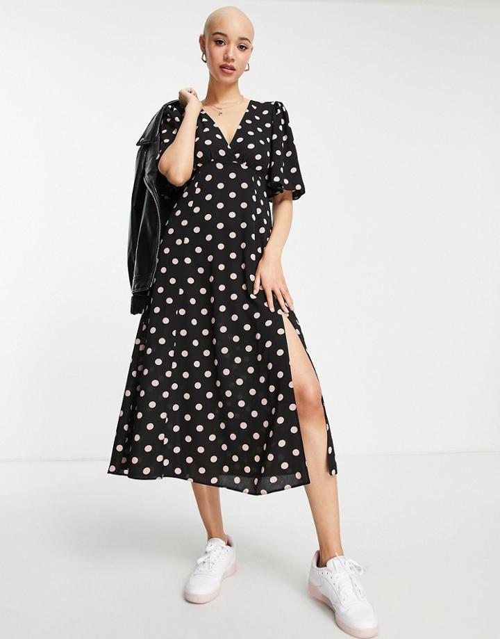 Asos Design Angel Sleeve Midi Dress In Large Blush Dot-multi