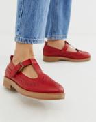 Asos Design Moral Leather Flat Shoes In Red - Red