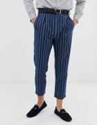 Gianni Feraud Slim Fit Linen Blend Stripe Pleated Cropped Suit Pants-blue