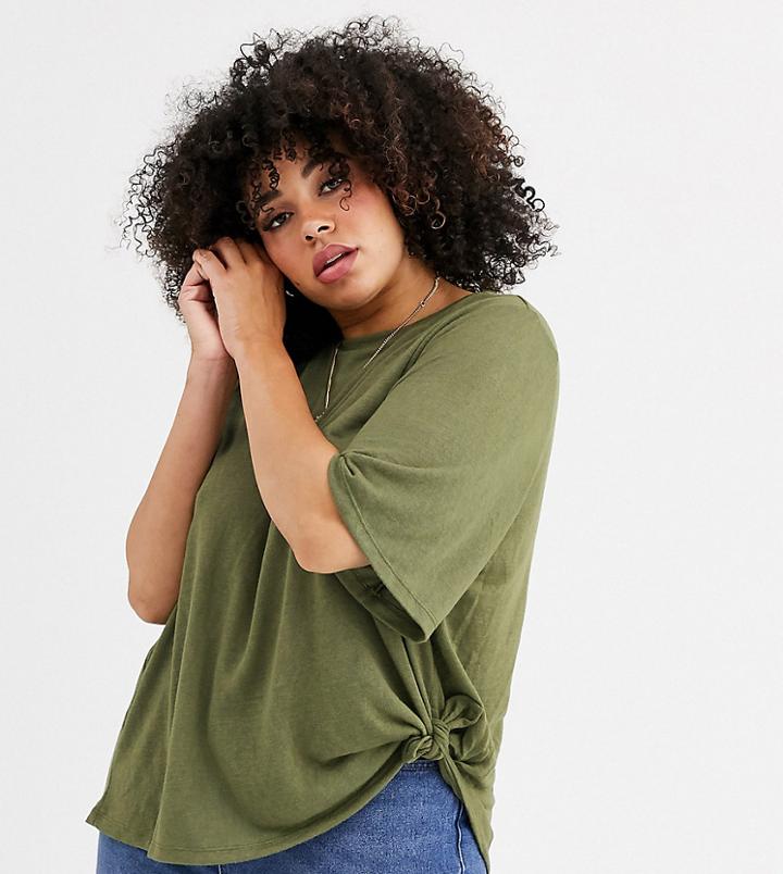 Asos Design Curve Relaxed T-shirt With Knot Side-green