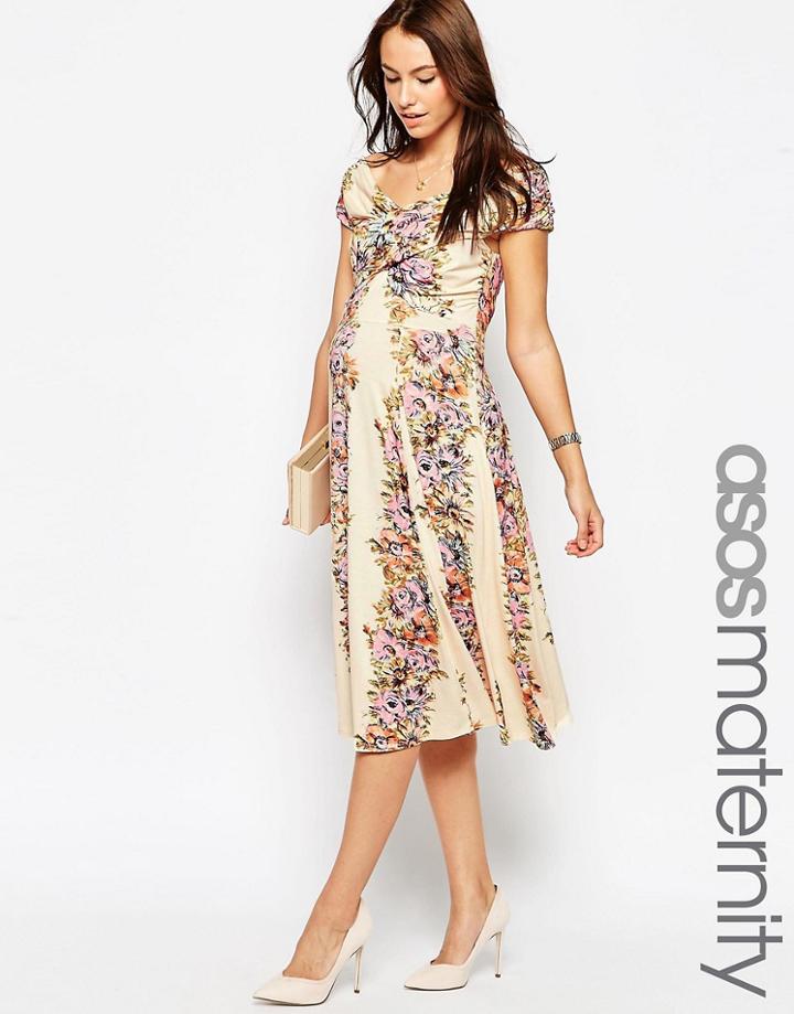 Asos Maternity Midi Skater Dress With Twist Off Shoulder In Vintage Floral Print - Multi